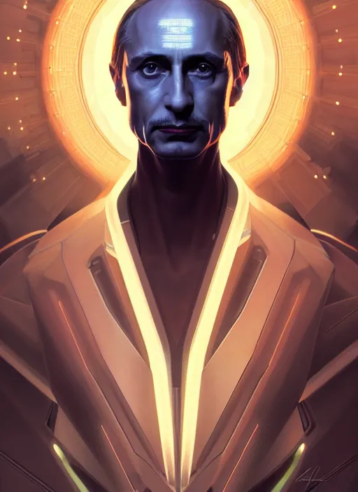 Image similar to symmetry portrait of a person who looks like vladimir putin, sci - fi, tech wear, glowing lights intricate, elegant, highly detailed, digital painting, artstation, concept art, smooth, sharp focus, illustration, art by artgerm and greg rutkowski and alphonse mucha