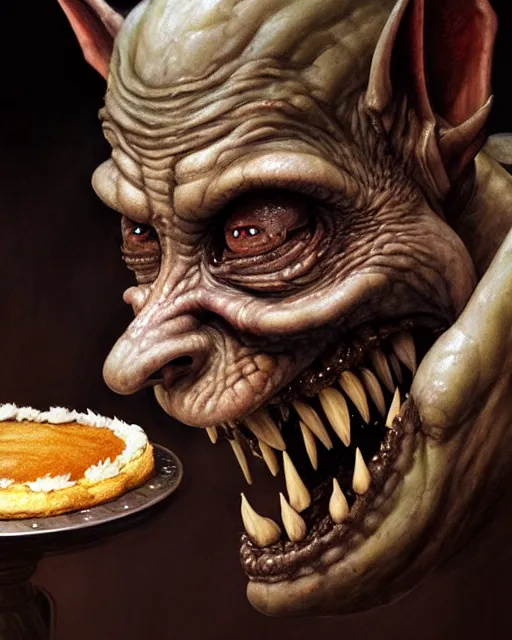 Image similar to closeup profile face portrait of a medieval goblin eating cakes in the cathedral, beautiful face, hyper realistic, highly detailed, digital painting, artstation, illustration, concept art by hyung tae, frank frazetta, bosch, giger, digital paint, matte paint, washed colors, dark, gloomy, detailed and intricate environment