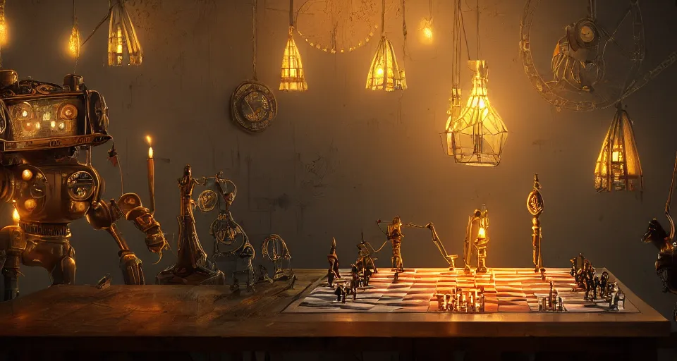 Prompt: a beautiful tapestry, a small robot playing 3 d chess, ultra detailed, atmospheric lighting, steampunk, moody, candles, characters from machinarium, by don bluth, trending on artstation, octane render, 8 k, ultra realistic