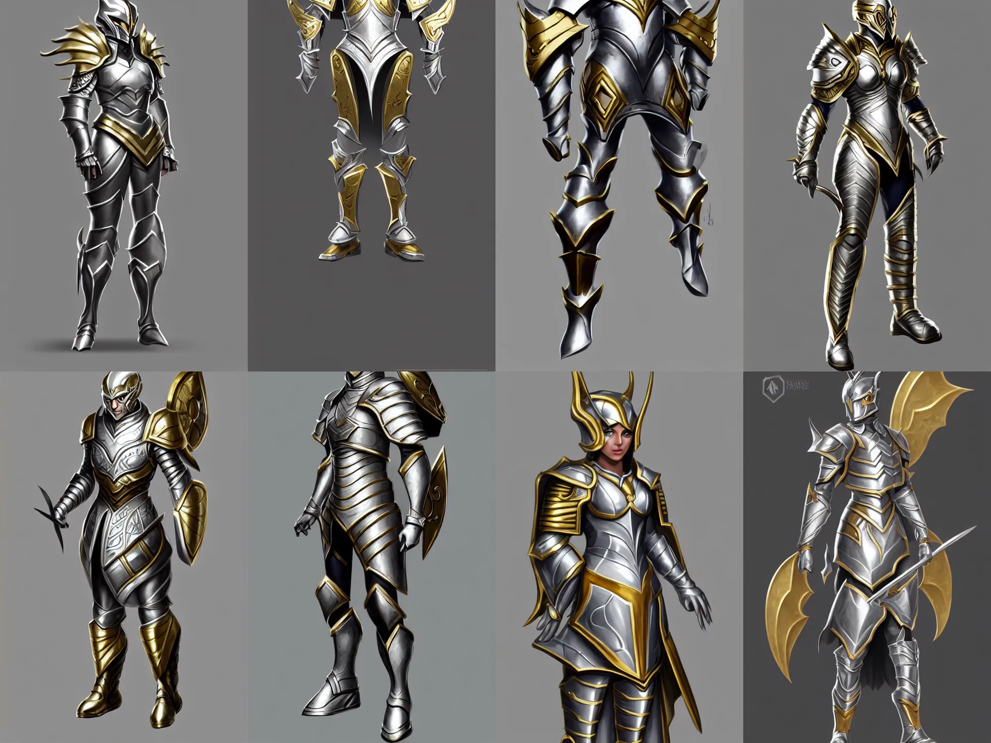 Prompt: incredible fantasy armor, silver with gold trim, extremely polished, exaggerated proportions, flat shading, smooth, uncluttered, extremely clean, trending on artstation, fantasy character portrait, professional concept art, front view, A-pose, full body