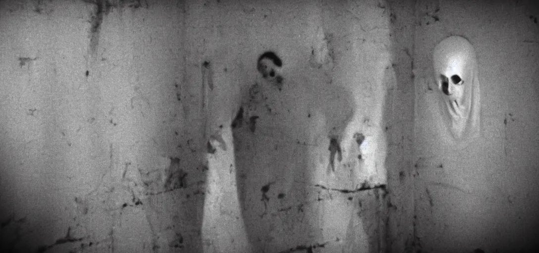 Image similar to scary ghost caught from a camera's tape in a haunted house, scary atmosphere, black and white