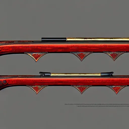 Image similar to a magical antique sawed - off double - barreled shotgun made from glossy red - painted wood and elements of gold metalwork, video game concept art