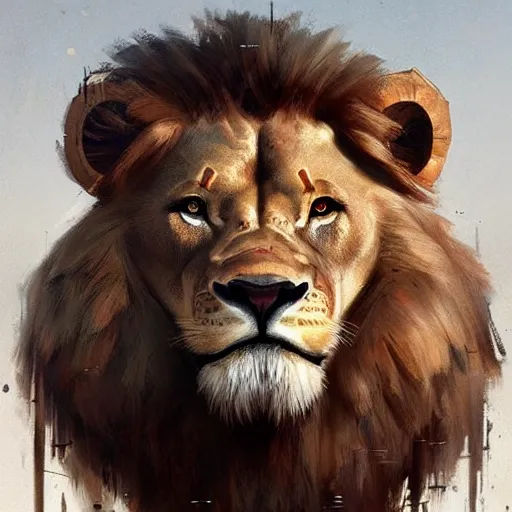 Image similar to A portrait of anthropomorphized Lion, muscular, fantasy art, art by greg rutkowski, matte painting, trending on artstation