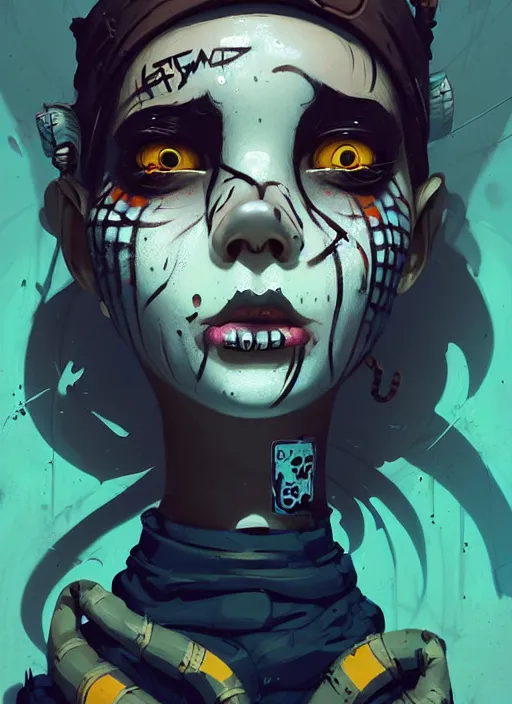 Prompt: highly detailed portrait of a sewer punk young lady with white graffiti face paint by atey ghailan, james gilleard, by joe fenton, by greg rutkowski, by greg tocchini, by kaethe butcher, 4 k resolution, gradient yellow, black, brown and cyan color scheme, grunge aesthetic!!! ( ( dystopian graffiti tag wall in background ) )