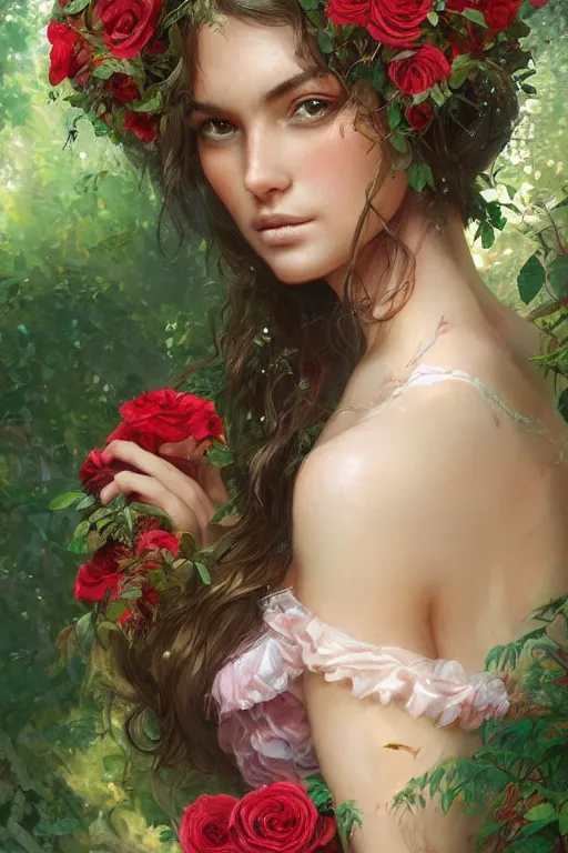 Prompt: beautiful woman in the middle of a lush garden with roses in her hair and an intricate gown, highly detailed, close - up portrait, artstation, art by artgerm and greg rutkowski,