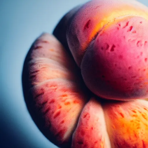 Image similar to a macro photo of a round peach's dry hairy skin, hyper realistic, hyper detailed, 35mm, very grainy film, pink volumetric studio lighting, bokeh, black background award winning shot, vogue magazine, cinematic, 8k, very closeup, elegant, tender, pastel