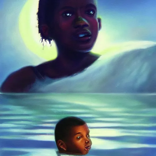 Image similar to a retro realistic painting of a ghost!!! shining in a lake while a black kid! stares at it with a florest! in the background, a scenic view, realistic, volumetric light, detaliesd painting by Naudline Cluvie Pierre, trending on artstation.