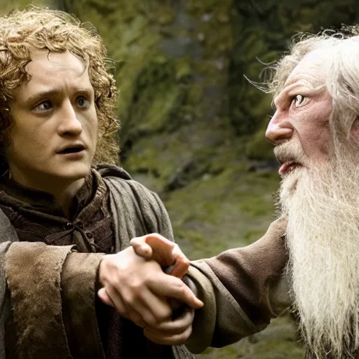 Image similar to frodo baggins meeting dumbledor, cinematic