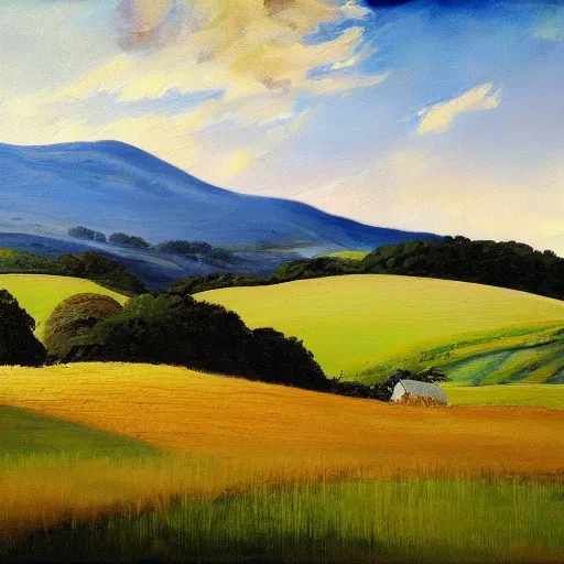 Prompt: A painting of a landscape, with rolling hills, green fields, and a blue sky, in a pastoral style.
