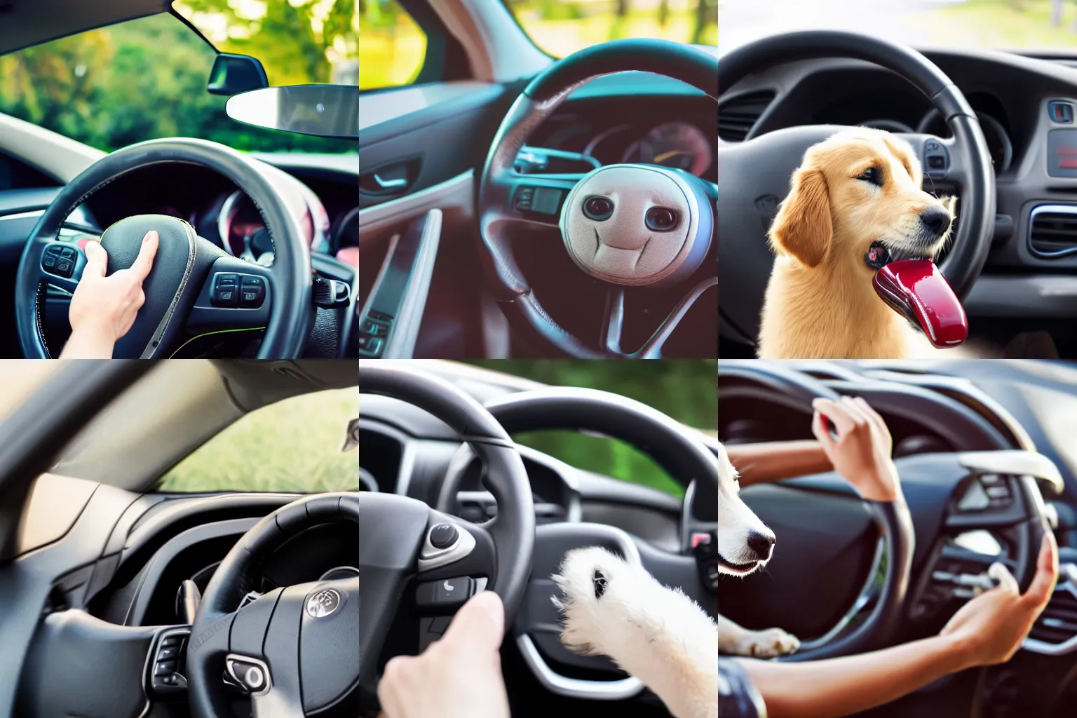 Prompt: retriever holding a steering wheel and driving a car, traffic accident, super photorealistic, 4K