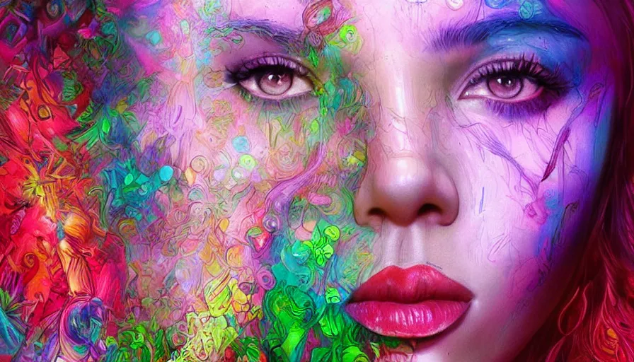 Prompt: scarlett johansson in psychodelic dmt lsd forest, photorealistic, artgerm, artwork by Arian, Mark