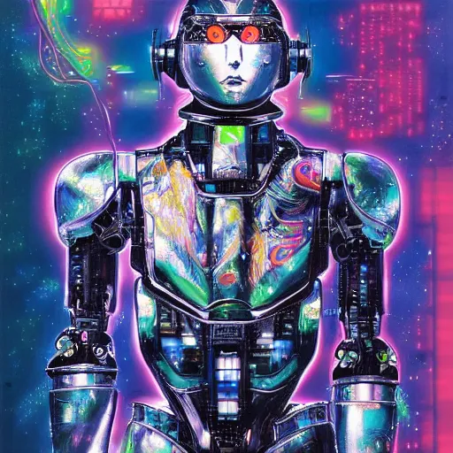 Image similar to portrait of the full - metal mecha nature - loving robot orion in electrical wired neon iridescent outfit, the robot holds the source code of the world, hanafuda cover illustration for vogue by yoji shinkawa, esao andrews and yoshitaka amano