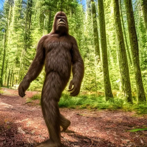 Prompt: Bigfoot walking through the forest, trailcam footage, 4K details