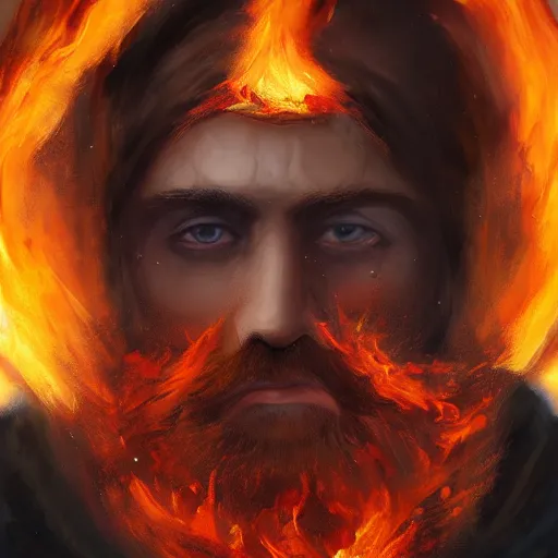 Image similar to grumpy young brown - red haired man with beard, wearing black coat, fire behind him, fire, oil painting, fantasy artwork, fantastic artwork, 4 k, trending on artstation