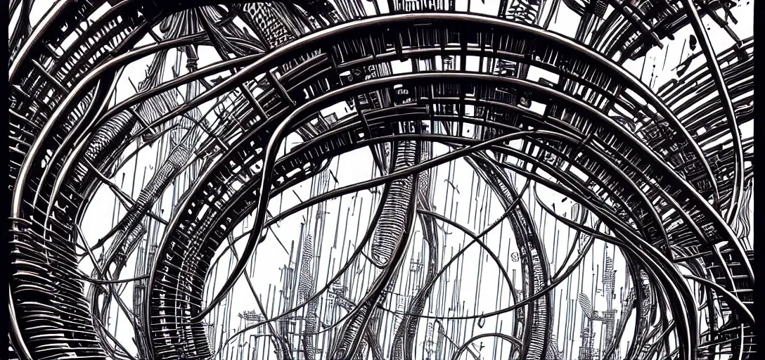 Image similar to a double helix dna cyberpunk steampunk carved archway in space, high details, lineart, by vincent di fate and joe fenton, inking, screen print, masterpiece, trending on artstation, sharp, high contrast, hyper - detailed,, hd, 4 k, 8 k