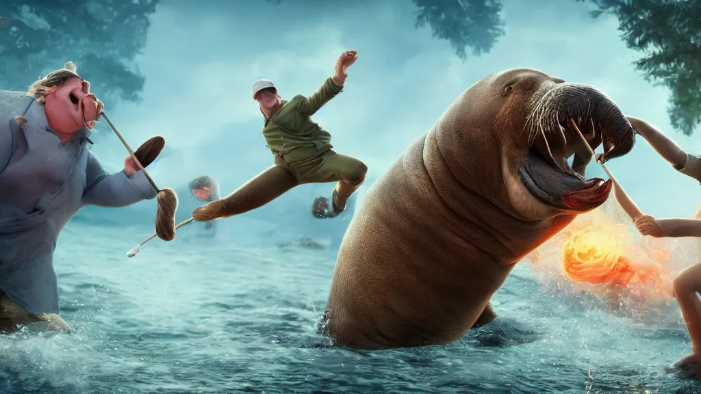 Image similar to a walrus attacking a blond golfer, fantasy artwork, hd, hdr, ue 5, ue 6, unreal engine 5, cinematic 4 k wallpaper, 8 k, ultra detailed, high resolution, artstation, award winning