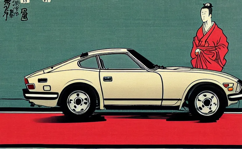 Image similar to ukiyo - e painting of a 1 9 7 5 datsun 2 4 0 z