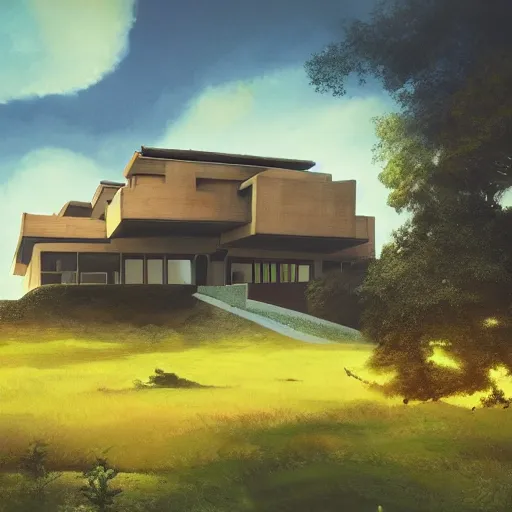 Image similar to modernist house inspired by a tibetan palace, on a green hill between big trees, colorful clouds, dramatic lighting, artstation, matte painting, raphael lacoste, simon stalenhag, frank lloyd wright, zaha hadid