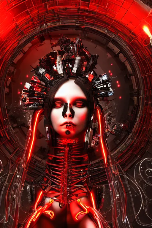 Image similar to full-body cyberpunk style sculpture of a young beautiful dark priestess, half android with a head opening exposing circuitry, glowing red eyes, black roses, flowing blood-red colored silk. fabric, candles. baroque elements, human skull. full-length view. baroque element. intricate artwork by caravaggio. crows flying in background. Trending on artstation, octane render, cinematic lighting from the right, hyper realism, octane render, 8k, depth of field, 3D