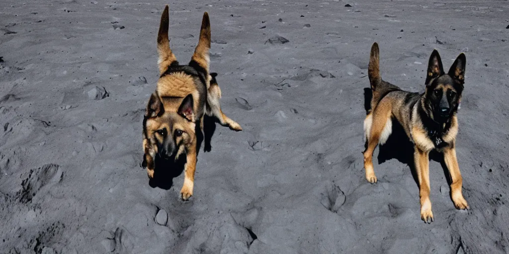 Image similar to high resolution colour photograph of a german shepherd on the moon surface, wearing a space suit, portrait, very detailed, realistic, shot on digital camera