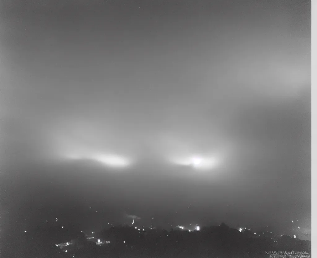 Prompt: 3 5 mm film of explosion in the sky, view from a korean traditional village, camera pans upwards, 4 k, night, fog