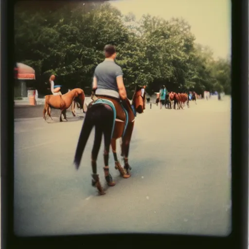 Image similar to Western, people on horses with wheels instead of legs, polaroid, bokeh