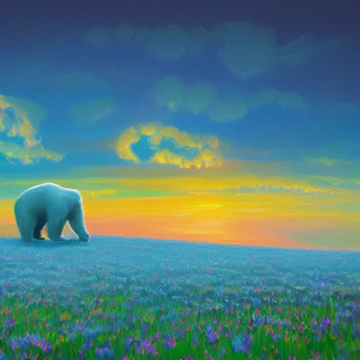 Prompt: a polar bear, surreal photography, flower field, sunset dramatic light, impressionist painting, colorful clouds, blue sky, digital painting, artstation, simon stalenhag