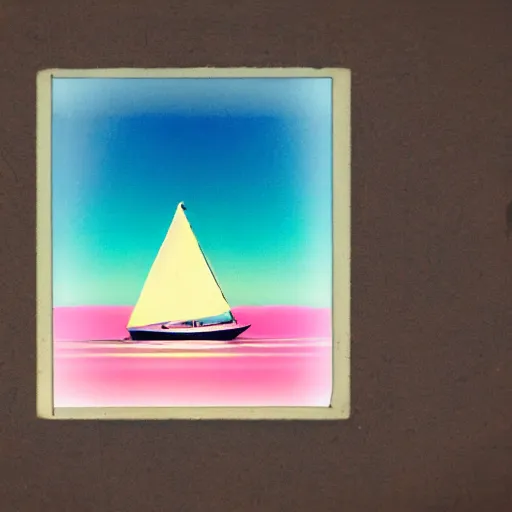 Image similar to a high fidelity pastel coloured Polaroid of a pink sail boat at sea, rainbow, volumetric light, god rays