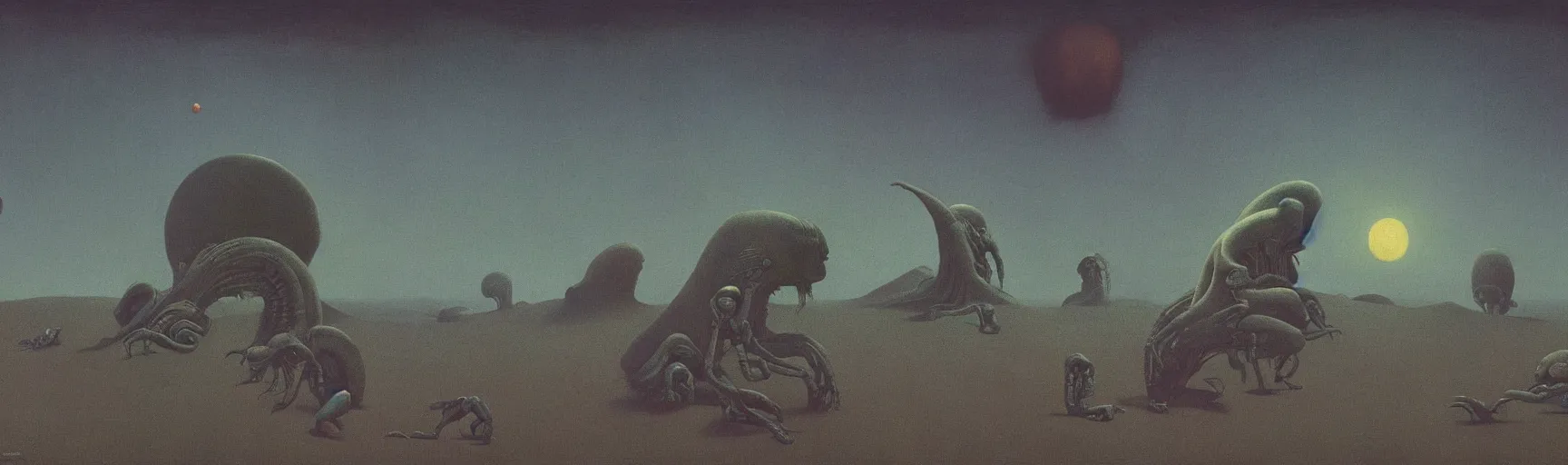 Prompt: horrible monsters and alien war on the moon landscape, Edward Hopper and James Gilleard, Zdzislaw Beksinski, Mark Ryden, Wolfgang Lettl highly detailed, hints of Yayoi Kasuma, Odilon Redon. Drexler