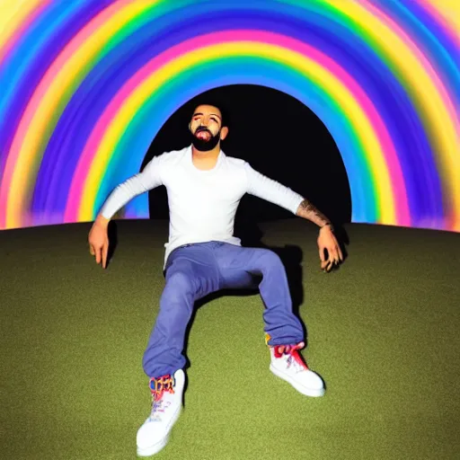 Image similar to drake the rapper in the splits position, with rainbow above his head, high quality, 8 k,