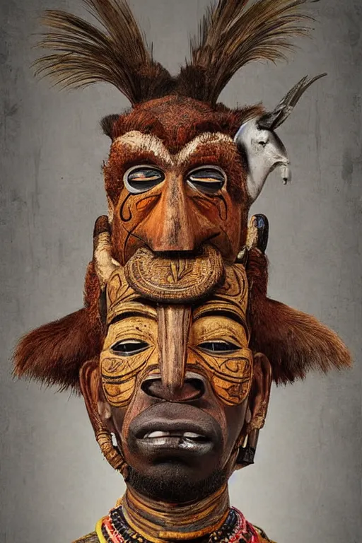 Prompt: portrait, headshot, digital painting, an old witchdoctor in african benin wooden painted ritual animal mask, realistic, hyperdetailed, chiaroscuro, concept art, art by frans hals