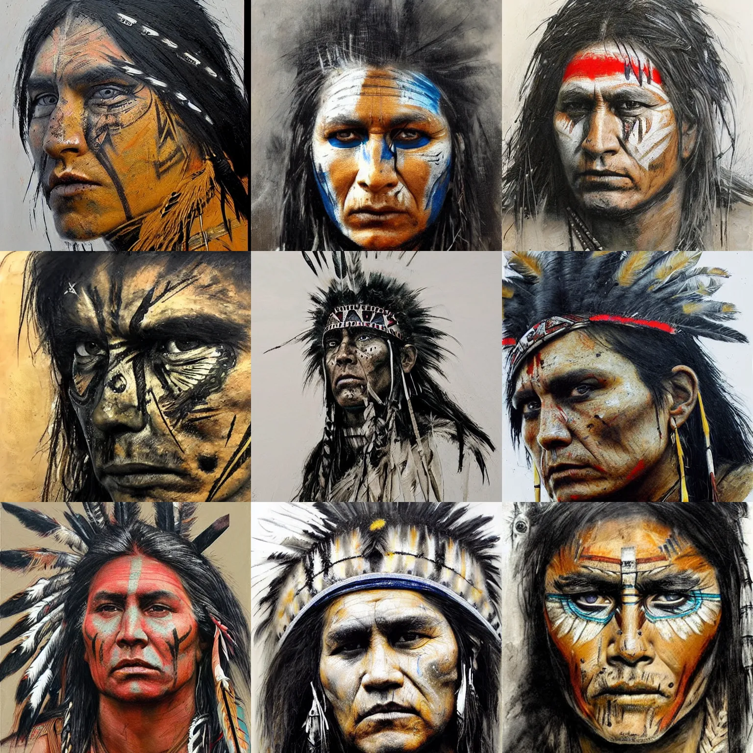 Prompt: A Native American warrior, war paint, realistic, sharp focus, 8k high definition, insanely detailed, intricate, elegant, art by Guy Denning