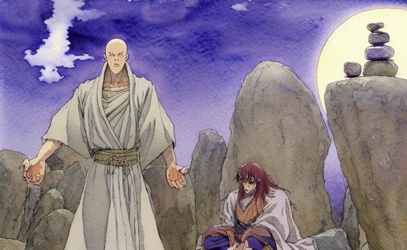 Image similar to an anime watercolor fantasy concept art of giant monk with a big forehead in grey robes swaying in stonehenge. several immense stones are floating in the air. in the background a large ufo is in the sky. by rebecca guay, michael kaluta, charles vess