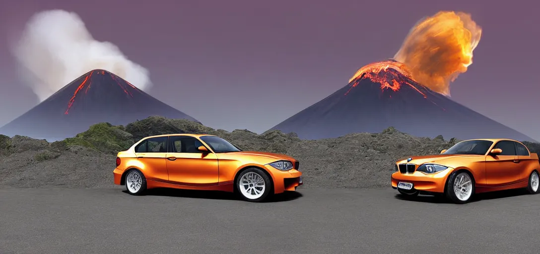 Image similar to bmw 135i 2010 Drifting the rim of an erupting Volcano, digital art