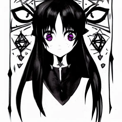Prompt: headshot art of a goth anime woman, attractive, symmetrical face, trending on artstation, black and white watercolor