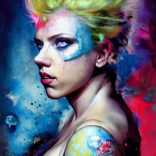 Image similar to drunken scarlett johansson as delirium from sandman, one green eye and one blue eye, ( hallucinating colorful soap bubbles ), by jeremy mann, by sandra chevrier, by dave mckean and richard avedon and maciej kuciara, 8 0's, punk rock, tank girl, high detailed, 8 k