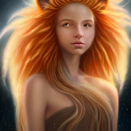 Image similar to Portrait of a girl angel with pale orange colored frizzy strands of illuminated hair, Lion essence, cat ears on her head, glowing halo, Lion's Mane, Cosmic, Lion's Gate, 8/8, fantasy, intricate, elegant, highly detailed, digital painting, artstation, concept art, smooth, sharp focus, illustration, art by Krenz Cushart and Artem Demura and alphonse mucha