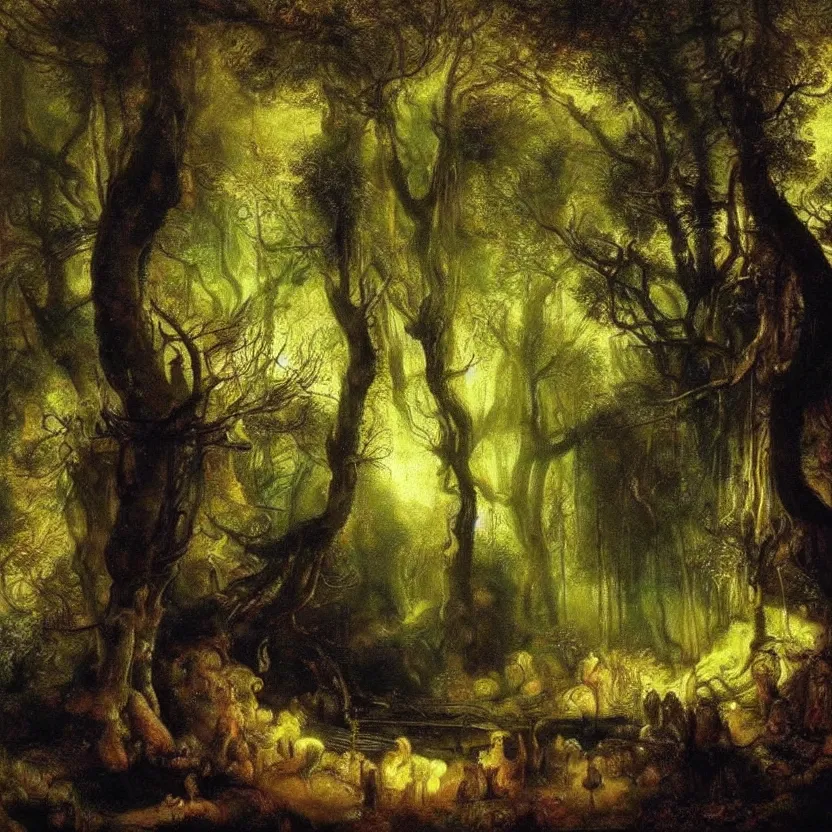 Prompt: An oil painting of a fantasy forest by Rembrandt; otherworldly beauty; beautiful; masterpiece