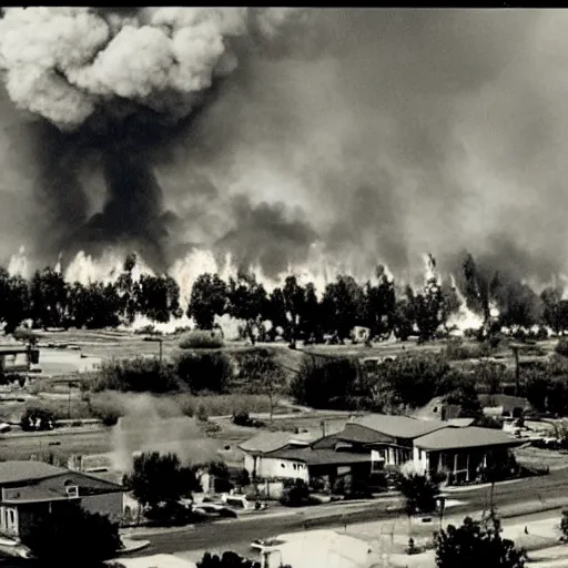 Image similar to 1 9 9 0 s newspaper photo of a burning suburban neighborhood with an explosion in the background.