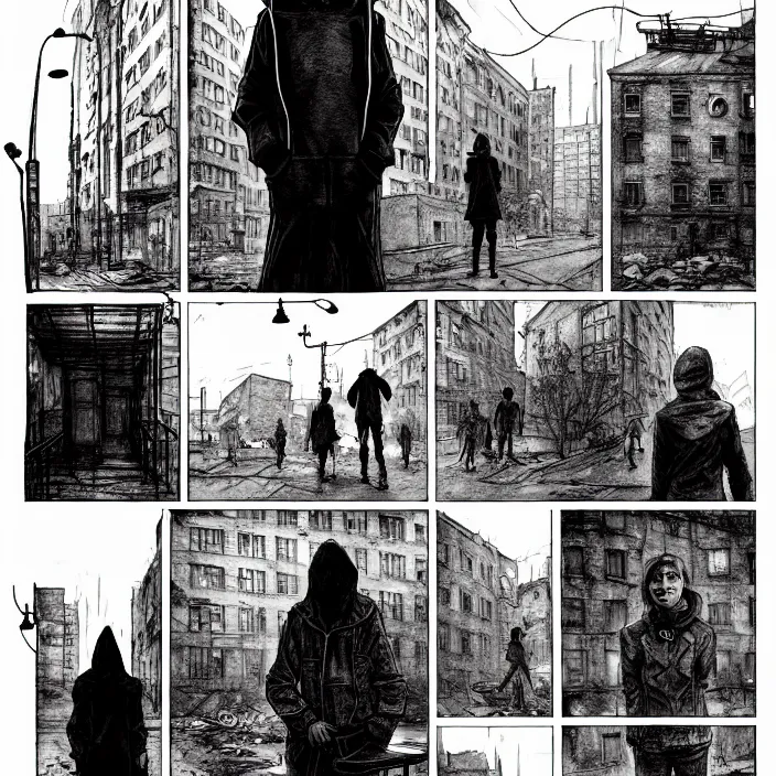 Image similar to storyboard panel : sadie sink in hoodie sits on bench in ruined square, pedestrians walk by, steampunk tenement windows in background. scifi cyberpunk. by gabriel hardman. cinematic atmosphere, detailed and intricate, perfect anatomy