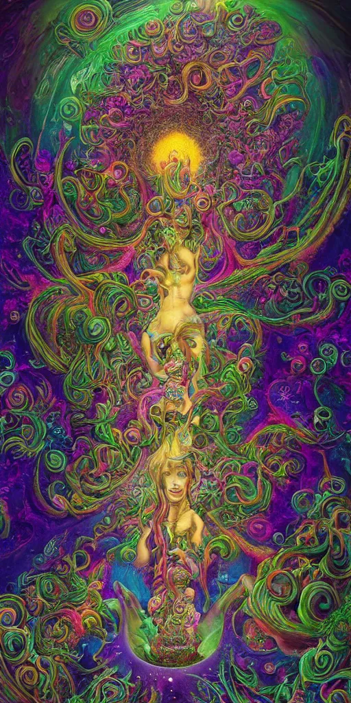 Prompt: a beautiful acrylic painting of deep psychedelia portraying universal consciousness of the infinite by hanna yata, geenss archenti flores, ben ridgway, intricate, elegant, highly detailed, digital painting, artstation, concept art, ambient occlusion, vray render,