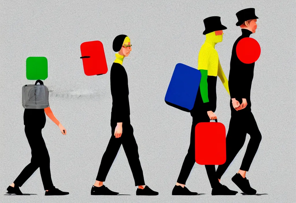 Image similar to full body portrait of a duo of european tourists travel apparel, various poses walking and carrying luggage, geometric character designs painting, in the style of wes anderson, rene magritte, lola dupre, david hockney, isolated on white background, dark monochrome neon spraypaint accents octane render