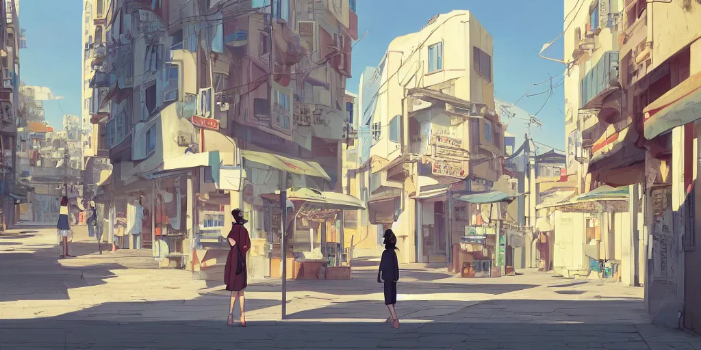 Prompt: a stylized 2 d cinematic keyframe of a woman standing in telaviv, joy gaze, cel - shaded, classical animation, edge to edge print, rendered by studio ghibli, artgerm, alyssa monks, andreas rocha, david kassan, neil blevins, rule of thirds, golden ratio, ambient lighting