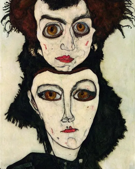 Image similar to A goth portrait painted by Egon Schiele. Her hair is dark brown and cut into a short, messy pixie cut. She has a slightly rounded face, with a pointed chin, large entirely-black eyes, and a small nose. She is wearing a black tank top, a black leather jacket, a black knee-length skirt, a black choker, and black leather boots.