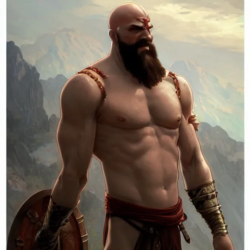 Image similar to Kratos, highly detailed, digital painting, artstation, concept art, smooth, sharp focus, illustration, ArtStation, art by artgerm and greg rutkowski and alphonse mucha and J. C. Leyendecker and Edmund Blair Leighton and Katsuhiro Otomo and Geof Darrow and Phil hale and Ashley wood and Ilya repin and Charlie Bowater
