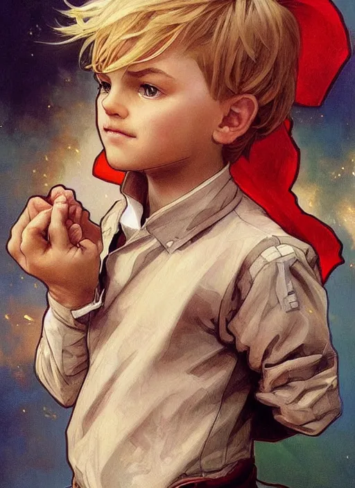 Prompt: a little boy with a mischievous face and short straight blonde hair. he is dressed as a superhero. clean elegant painting, beautiful detailed face. by artgerm and greg rutkowski and alphonse mucha