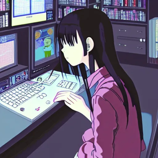 Prompt: full view of girl studying at her future computer, from serial experiments lain, style of yoshii chie and hikari shimoda and martine johanna and studio ghibli, highly detailed