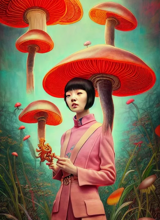 Prompt: pretty chinese girl holds hallucination mushroom : : by martine johanna and simon stalenhag and chie yoshii and casey weldon and wlop : : ornate, dynamic, particulate, rich colors, intricate, elegant, highly detailed, centered, vogue, fashion magazine, smooth, sharp focus, octane render, 8 k