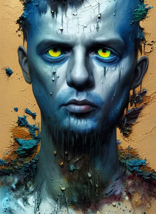 Image similar to gediminas pranckevicius photoreal colorful gouache impasto portrait of rebel punk!!!! by nicola samori and russ mills, blue glowing aggressive led eyes, zbrush, greeble skin, dripping color, octane render