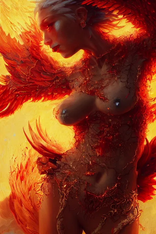 Image similar to photography torso closeup model wearing exploding fire dragon skin dress, sorcerer, diamonds, angel, fantasy, dramatic lighting, d & d, highly detailed, digital painting, holding electricity, magic the gathering, hyper detailed, 3 d render, hyper realistic detailed portrait, peter mohrbacher, wlop, ruan jia